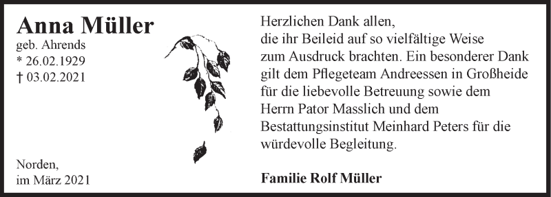  Traueranzeige für Anna Müller vom 13.03.2021 aus Ostfriesischer Kurier GmbH