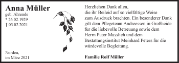 Traueranzeige von Anna Müller von Ostfriesischer Kurier GmbH