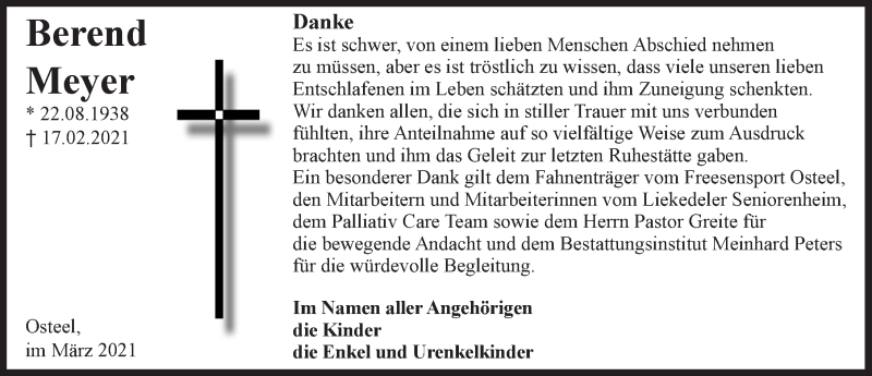  Traueranzeige für Berend Meyer vom 20.03.2021 aus Ostfriesischer Kurier GmbH