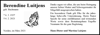 Traueranzeige von Berendine Luitjens von Ostfriesischer Kurier GmbH