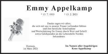 Traueranzeige von Emmy Appelkamp von Ostfriesischer Kurier GmbH