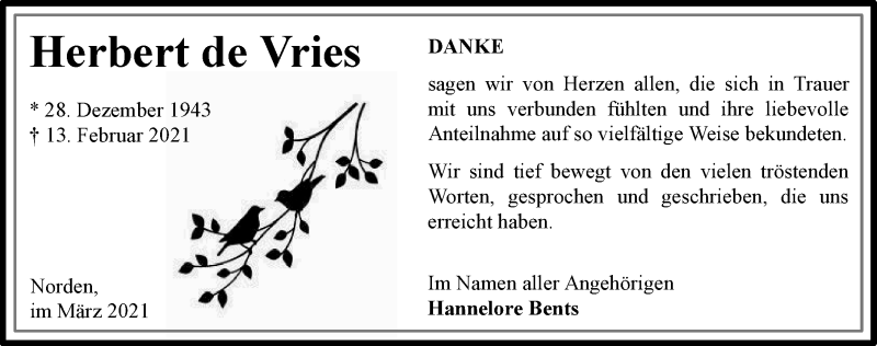  Traueranzeige für Herbert de Vries vom 20.03.2021 aus Ostfriesischer Kurier GmbH