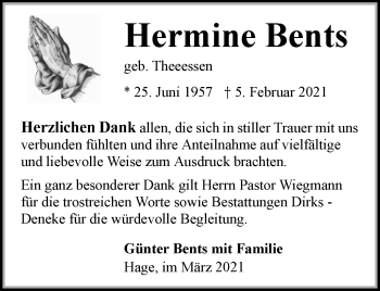 Traueranzeige von Hermine Bents von Ostfriesischer Kurier GmbH