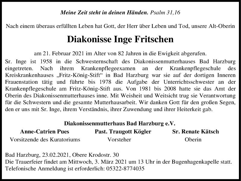  Traueranzeige für Inge Fritschen vom 02.03.2021 aus Ostfriesischer Kurier GmbH