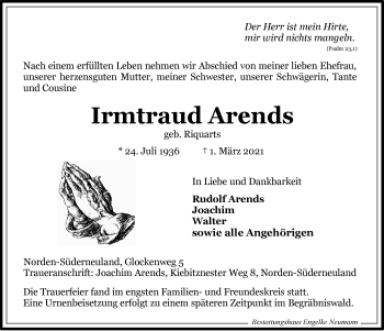Traueranzeige von Irmtraud Arends von Ostfriesischer Kurier GmbH