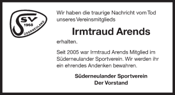 Traueranzeige von Irmtraud Arends von Ostfriesischer Kurier GmbH