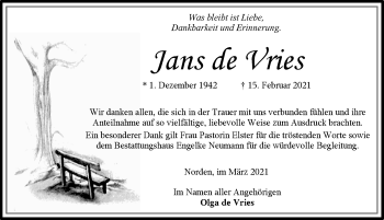 Traueranzeige von Jans de Vries von Ostfriesischer Kurier GmbH