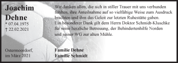 Traueranzeige von Joachim Dehne von Ostfriesischer Kurier / Norderneyer Badezeitung