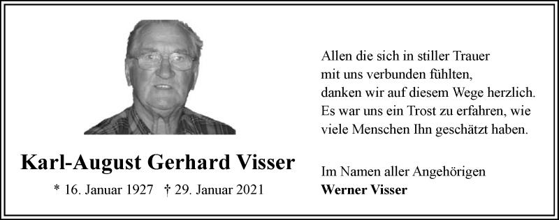  Traueranzeige für Karl-August Gerhard Visser vom 20.03.2021 aus Ostfriesischer Kurier GmbH