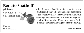 Traueranzeige von Renate Saathoff von Ostfriesischer Kurier GmbH