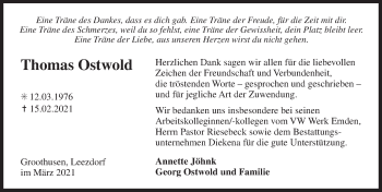 Traueranzeige von Thomas Ostwold von Ostfriesischer Kurier GmbH