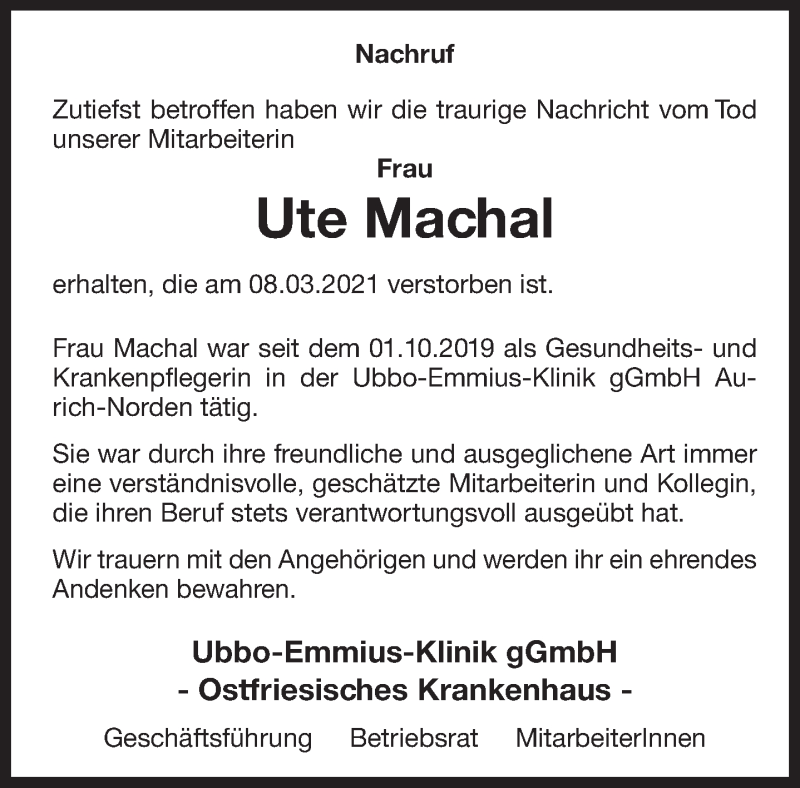  Traueranzeige für Ute Machal vom 11.03.2021 aus Ostfriesischer Kurier / Norderneyer Badezeitung