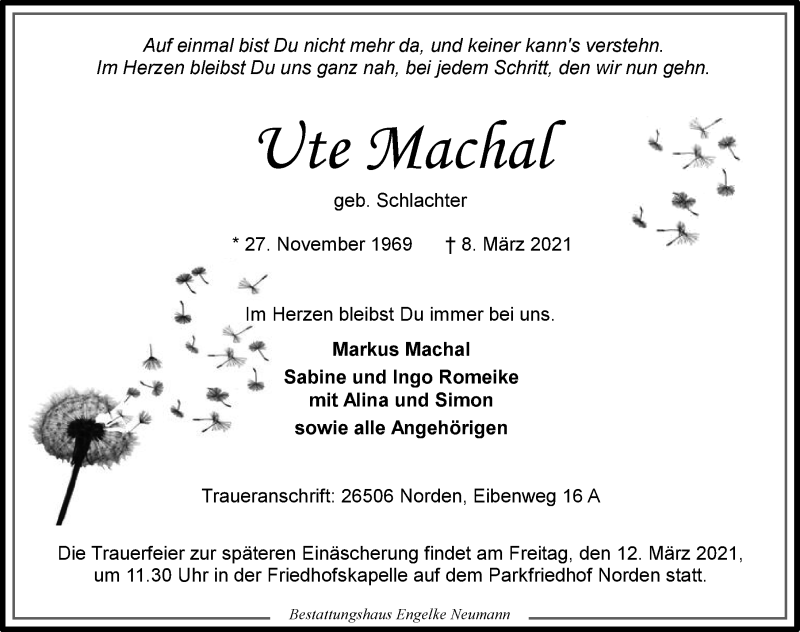  Traueranzeige für Ute Machal vom 10.03.2021 aus Ostfriesischer Kurier / Norderneyer Badezeitung