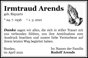 Traueranzeige von Irmtraud Arends von Ostfriesischer Kurier GmbH