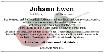 Traueranzeige von Johann Ewen von Ostfriesischer Kurier GmbH