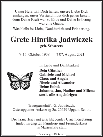 Traueranzeige von Grete Hinrika Jadwiczek von Ostfriesischer Kurier / Norderneyer Badezeitung