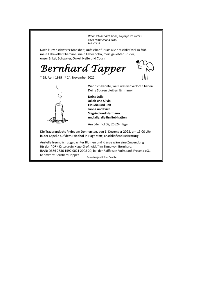  Traueranzeige für Bernhard Tapper vom 28.11.2022 aus Ostfriesischer Kurier GmbH