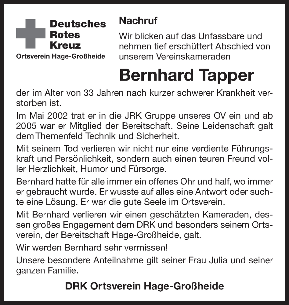 Traueranzeige für Bernhard Tapper vom 29.11.2022 aus Ostfriesischer Kurier GmbH