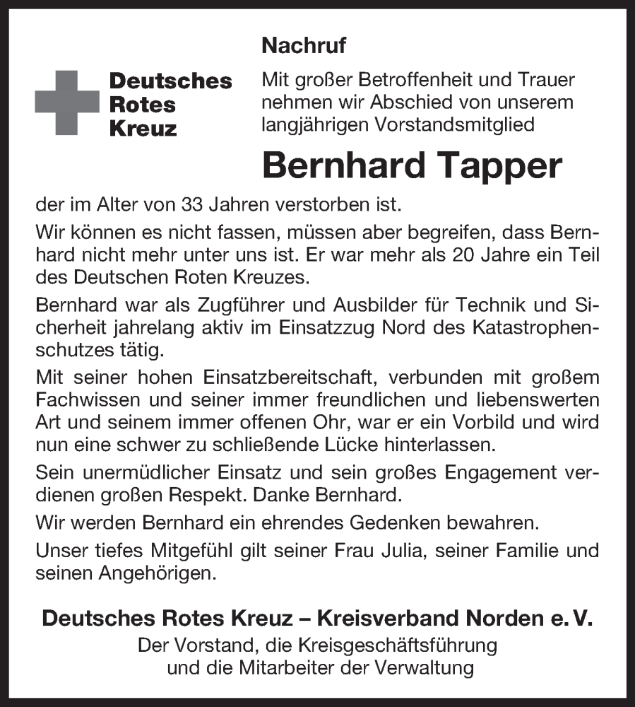  Traueranzeige für Bernhard Tapper vom 29.11.2022 aus Ostfriesischer Kurier GmbH