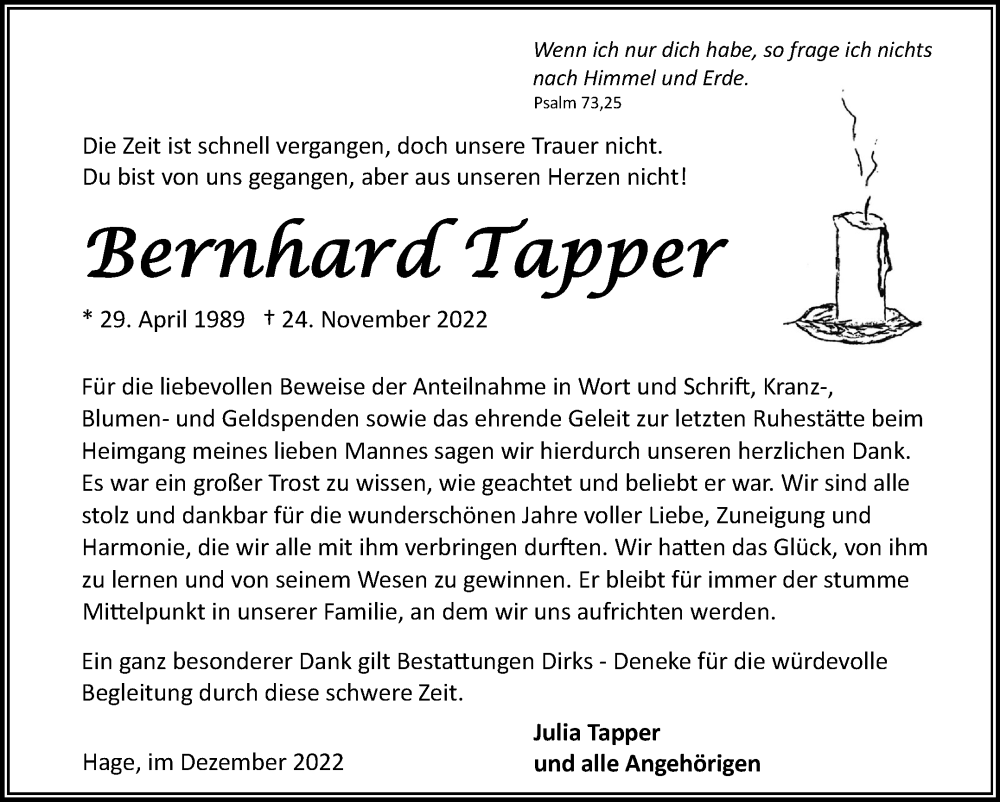  Traueranzeige für Bernhard Tapper vom 31.12.2022 aus Ostfriesischer Kurier GmbH
