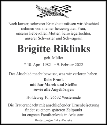 Traueranzeige von Brigitte Riklinks von Ostfriesischer Kurier GmbH