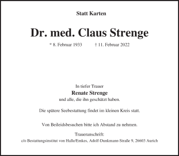 Traueranzeige von Claus Strenge von Ostfriesischer Kurier GmbH
