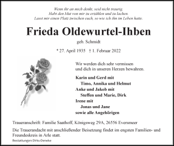 Traueranzeige von Frieda Oldewurtel-Ihben von Ostfriesischer Kurier GmbH