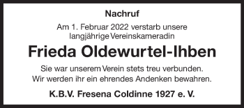 Traueranzeige von Frieda Oldewurtel-Ihben von Ostfriesischer Kurier GmbH