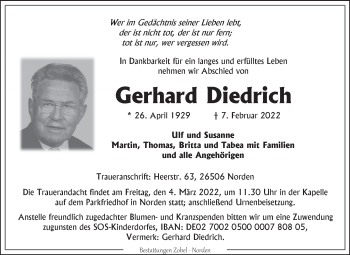 Traueranzeige von Gerhard Diedrich von Ostfriesischer Kurier GmbH
