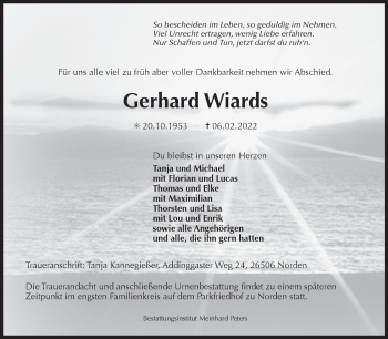 Traueranzeige von Gerhard Wiards von Ostfriesischer Kurier GmbH
