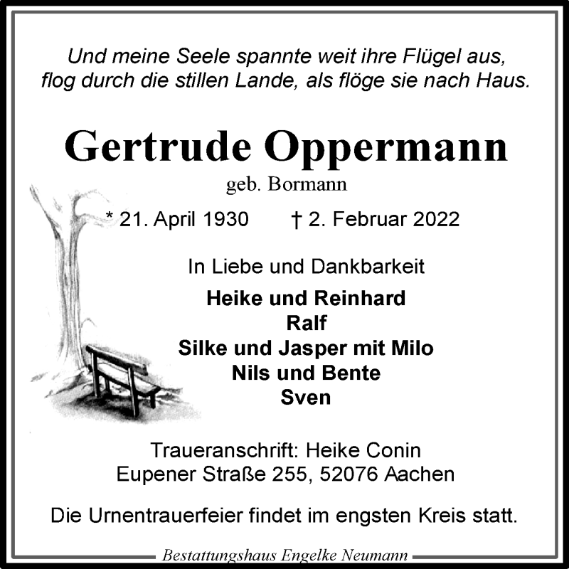  Traueranzeige für Gertrude Oppermann vom 05.02.2022 aus Ostfriesischer Kurier GmbH