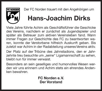 Traueranzeige von Hans-Joachim Dirks von Ostfriesischer Kurier GmbH