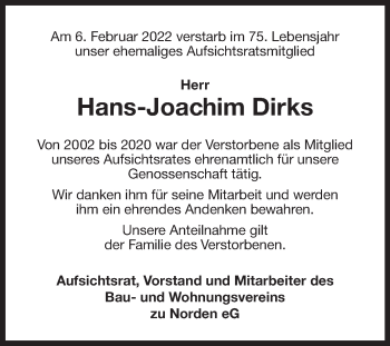 Traueranzeige von Hans-Joachim Dirks von Ostfriesischer Kurier GmbH
