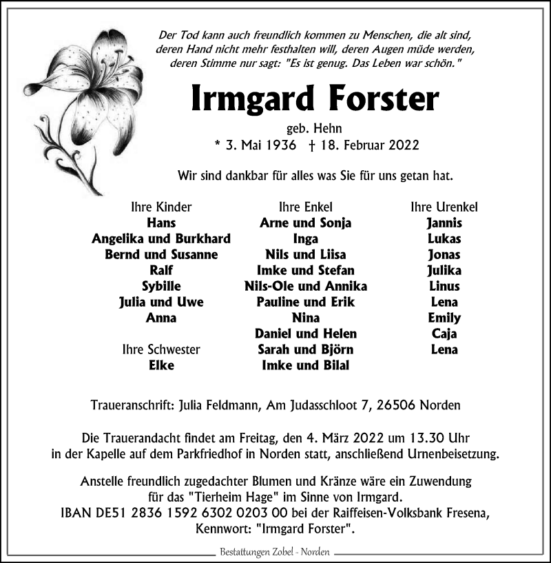  Traueranzeige für Irmgard Forster vom 26.02.2022 aus Ostfriesischer Kurier GmbH