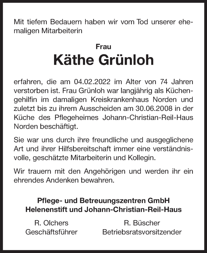  Traueranzeige für Käthe Grünloh vom 11.02.2022 aus Ostfriesischer Kurier GmbH