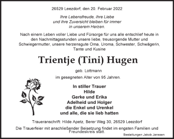 Traueranzeige von Trientje Hugen von Ostfriesischer Kurier GmbH