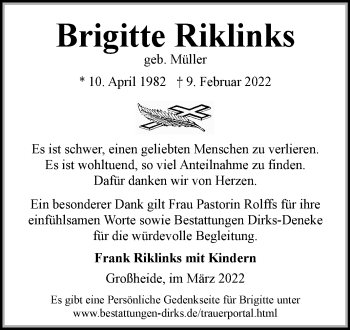 Traueranzeige von Brigitte Riklinks von Ostfriesischer Kurier GmbH