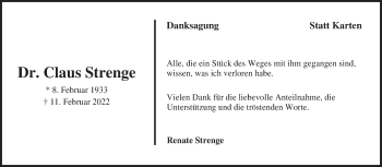 Traueranzeige von Claus Strenge von Ostfriesischer Kurier GmbH