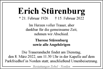 Traueranzeige von Erich Stürenburg von Ostfriesischer Kurier GmbH