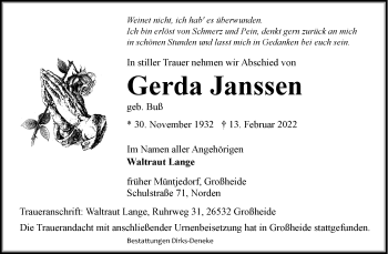 Traueranzeige von Gerda Janssen von Ostfriesischer Kurier GmbH