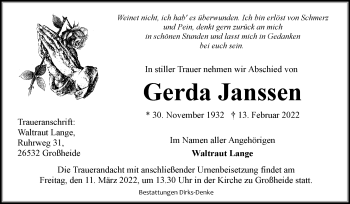 Traueranzeige von Gerda Janssen von Ostfriesischer Kurier GmbH