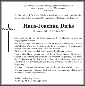 Traueranzeige von Hans-Joachim Dirks von Ostfriesischer Kurier GmbH
