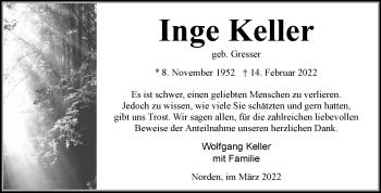 Traueranzeige von Inge Keller von Ostfriesischer Kurier GmbH
