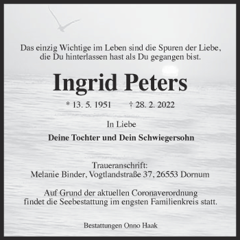 Traueranzeige von Ingrid Peters von Ostfriesischer Kurier GmbH