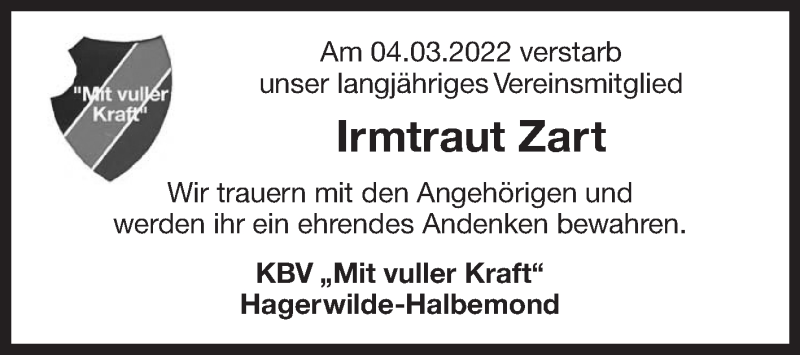  Traueranzeige für Irmtraut Zart vom 09.03.2022 aus Ostfriesischer Kurier GmbH