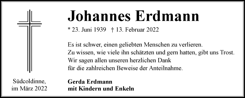  Traueranzeige für Johannes Erdmann vom 26.03.2022 aus Ostfriesischer Kurier GmbH