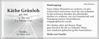Traueranzeige von Käthe Grünloh von Ostfriesischer Kurier GmbH