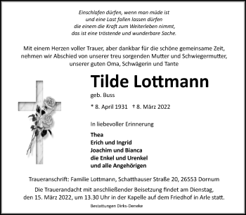 Traueranzeige von Tilde Lottmann von Ostfriesischer Kurier / Norderneyer Badezeitung