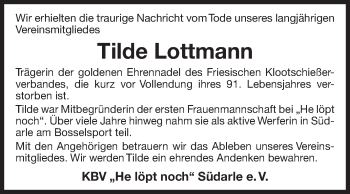 Traueranzeige von Tilde Lottmann von Ostfriesischer Kurier / Norderneyer Badezeitung