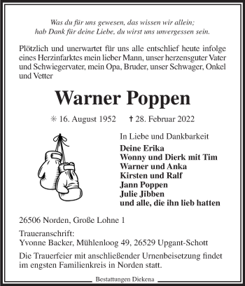 Traueranzeige von Warner Poppen von Ostfriesischer Kurier GmbH